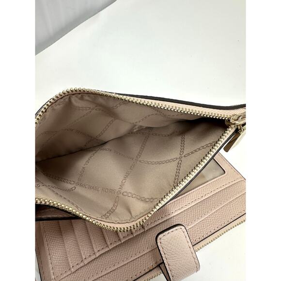 Michael Kors Jet Set Travel Double Zip Wristlet Pink Gold Bi Fold Wallet MK Logo - Picture 6 of 9